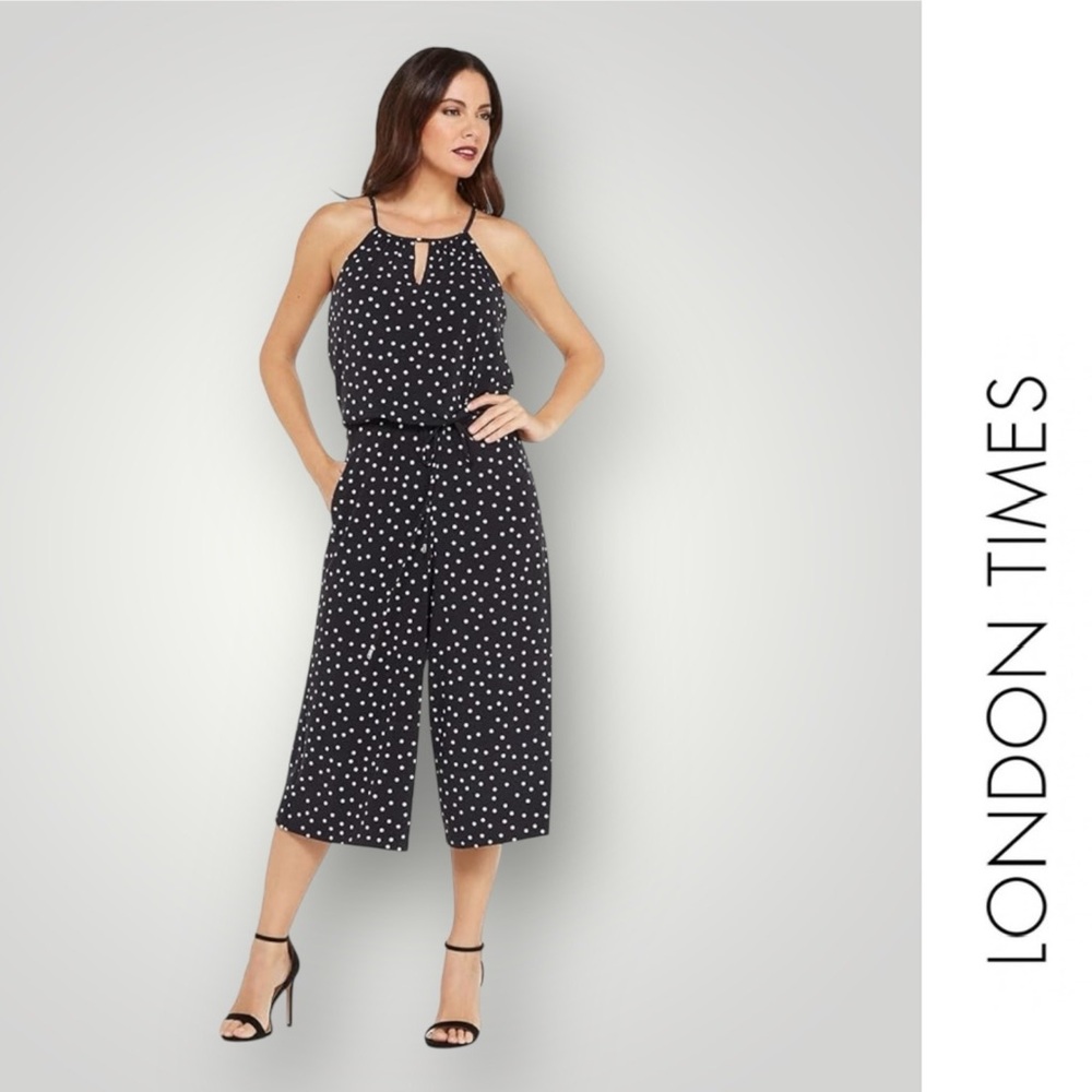 London Times Black and White Happy Dot Cropped Jumpsuit,‎ Size 4, MSRP $60